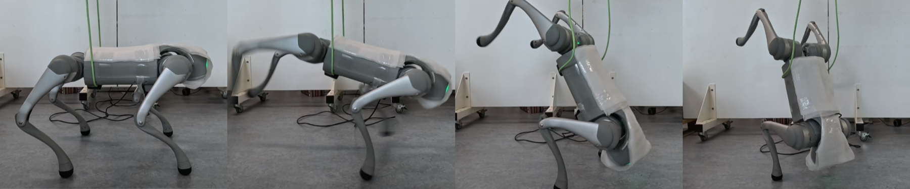 Snapshots of the learned CAST policy executing a dynamic handstand on the Unitree Go2